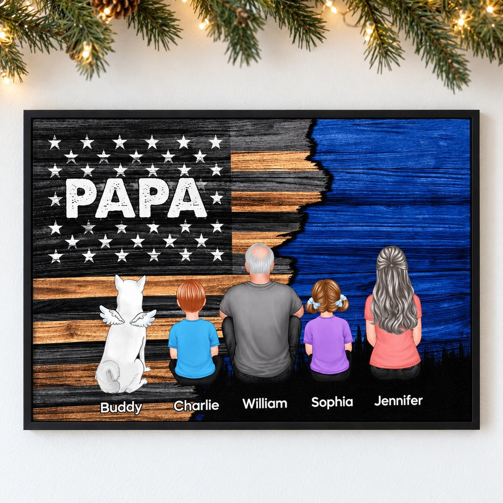 Personalized Papa half flag canvas print hanging on a wall with holiday garland