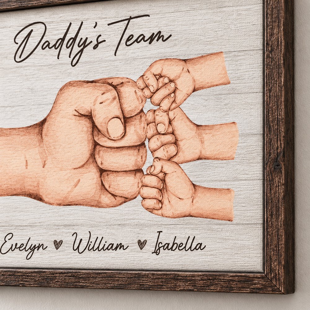 Close-up detail of canvas texture and rustic wood frame on Daddy's Team print