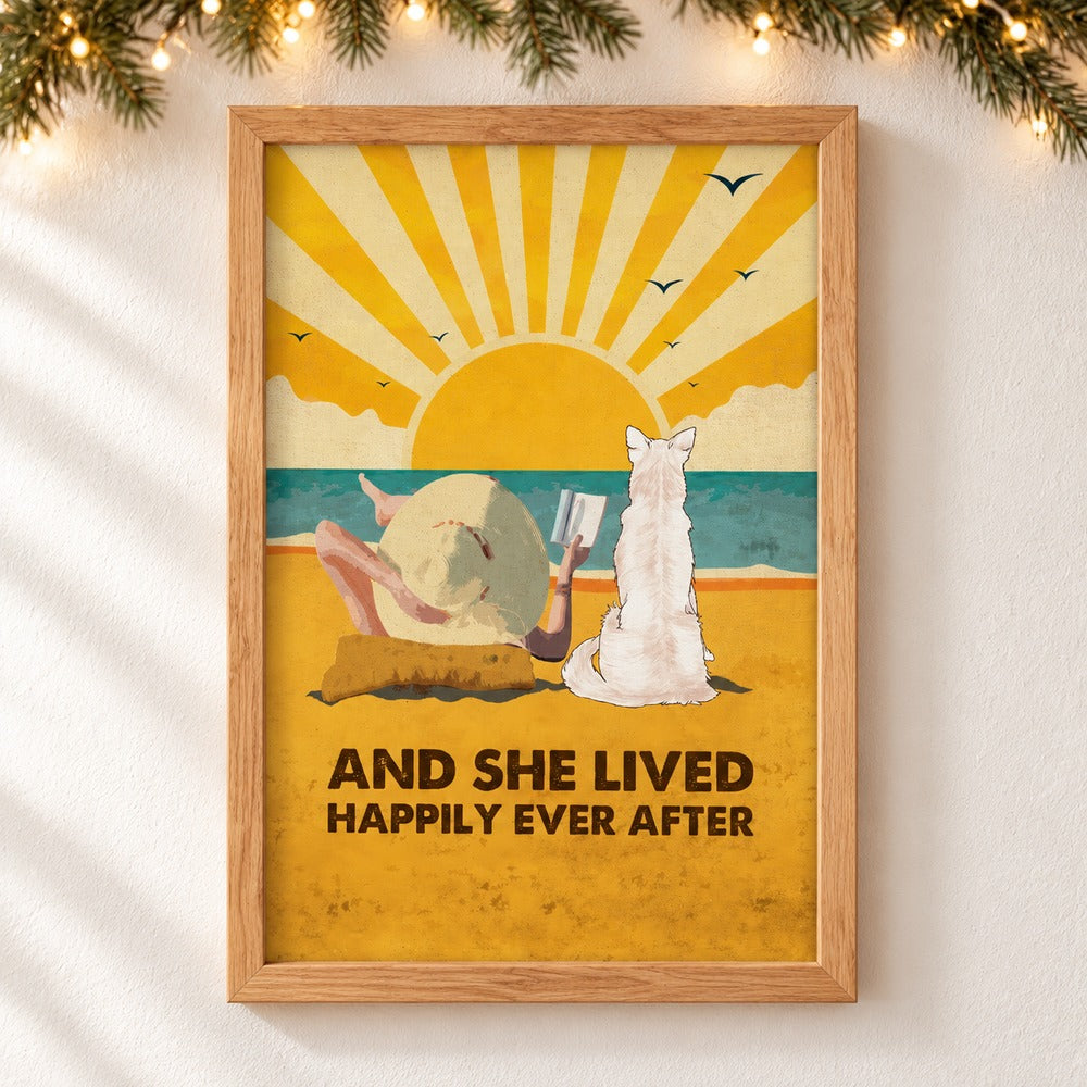 Dog Happily Ever After personalized framed canvas print on wall with holiday garland