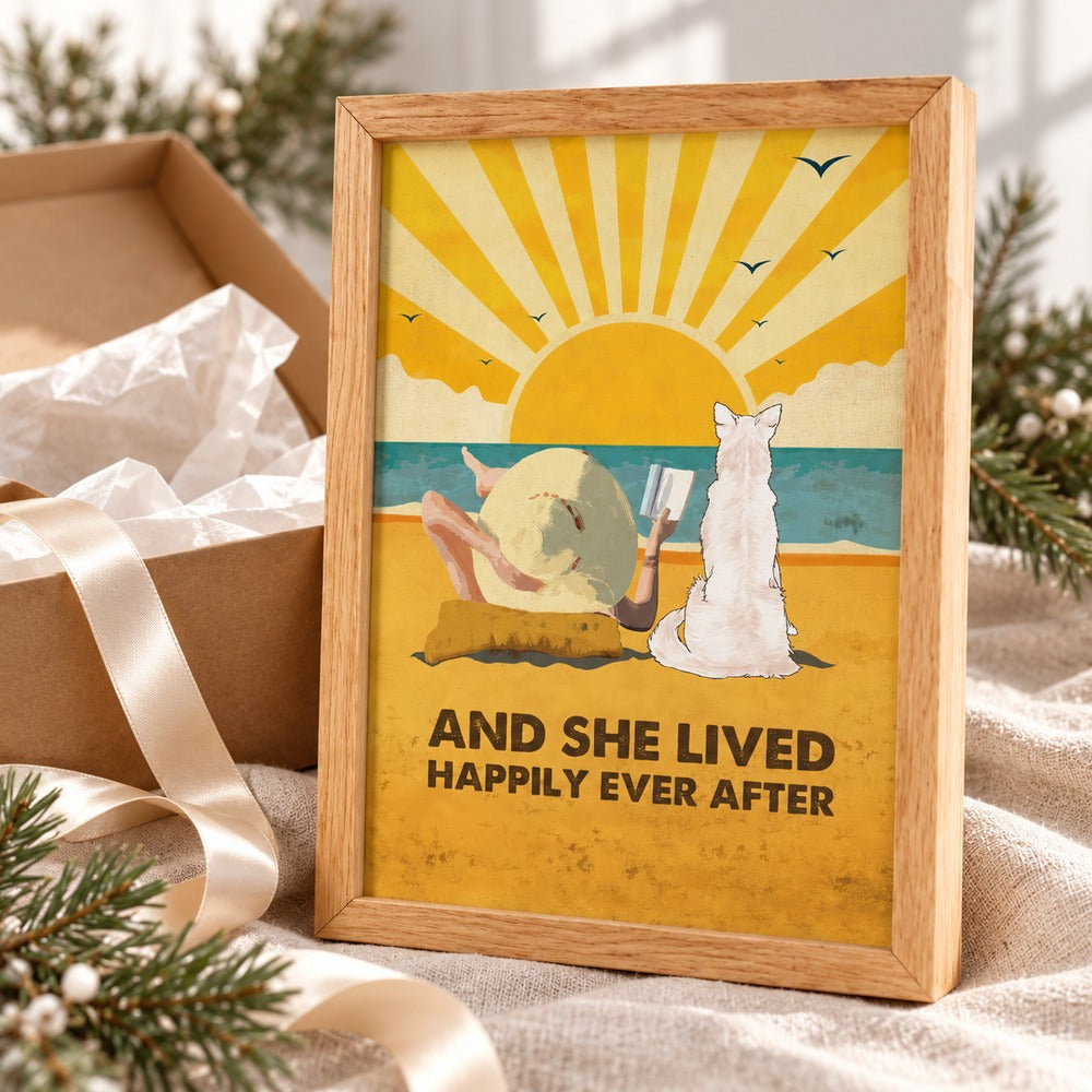 Personalized dog mom framed canvas print next to holiday gift box and ribbon