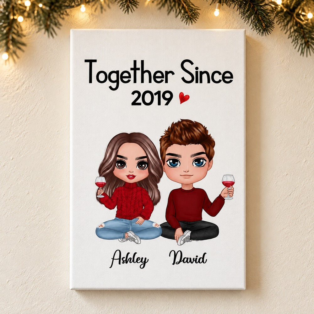 Personalized Together Since 2019 couple canvas print hanging on wall with holiday garland