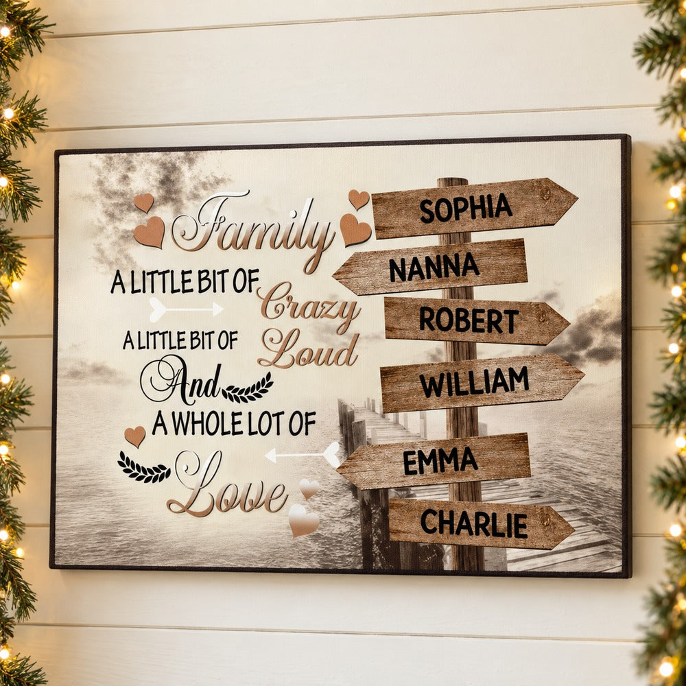Custom Family Name Sign Canvas hanging on a wall with holiday garland