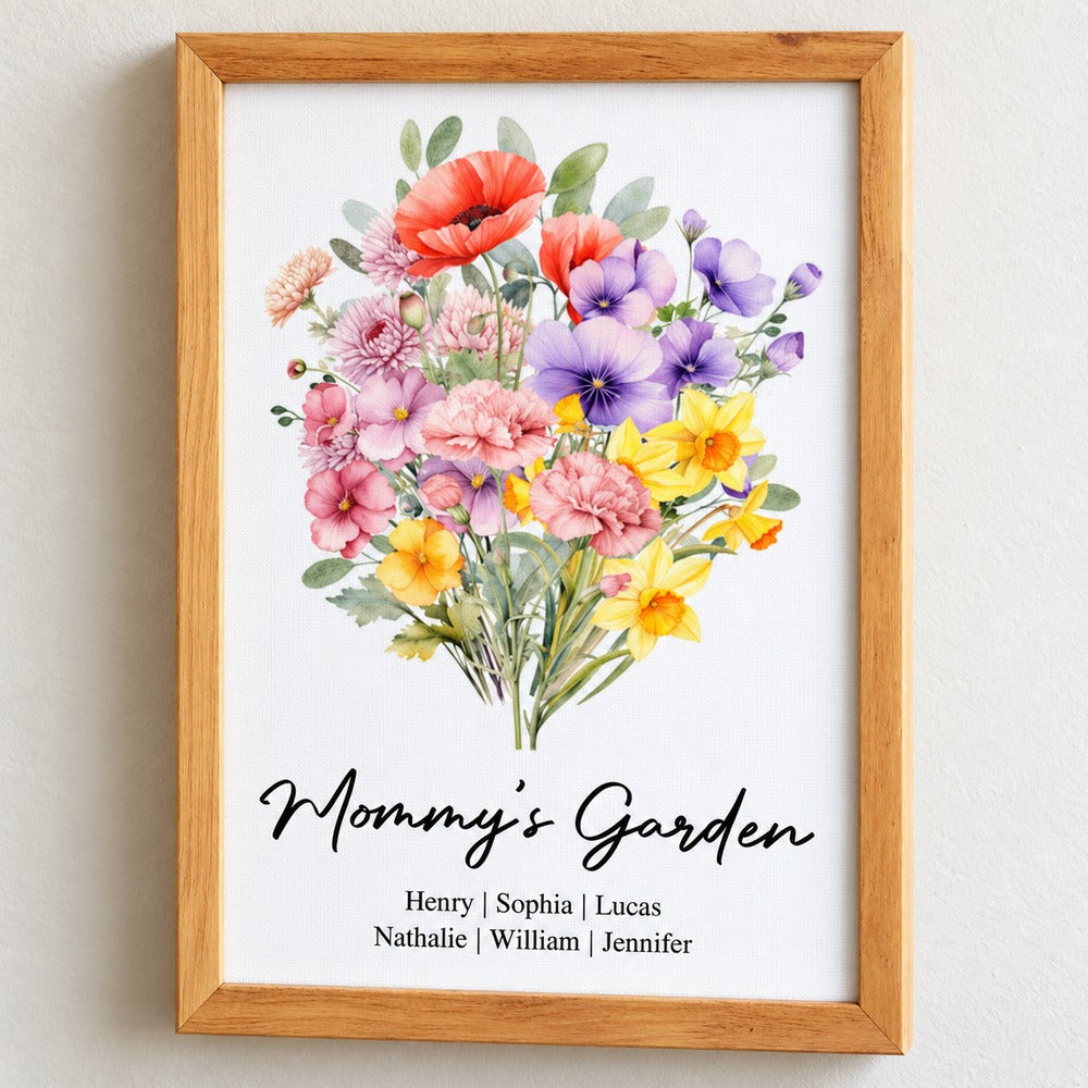 Close-up detail of canvas texture, wood frame, and personalized names on birth flower print