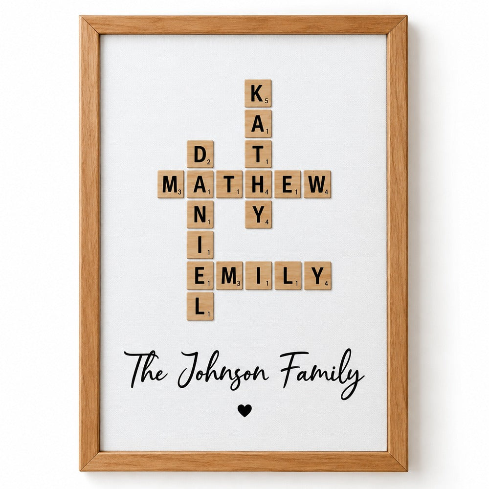 Close up detail of Family Crossword Art canvas texture and wooden frame
