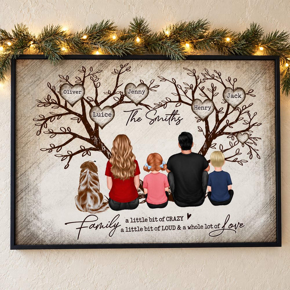 Personalized Family Heart Tree horizontal canvas on wall with holiday pine garland and fairy lights
