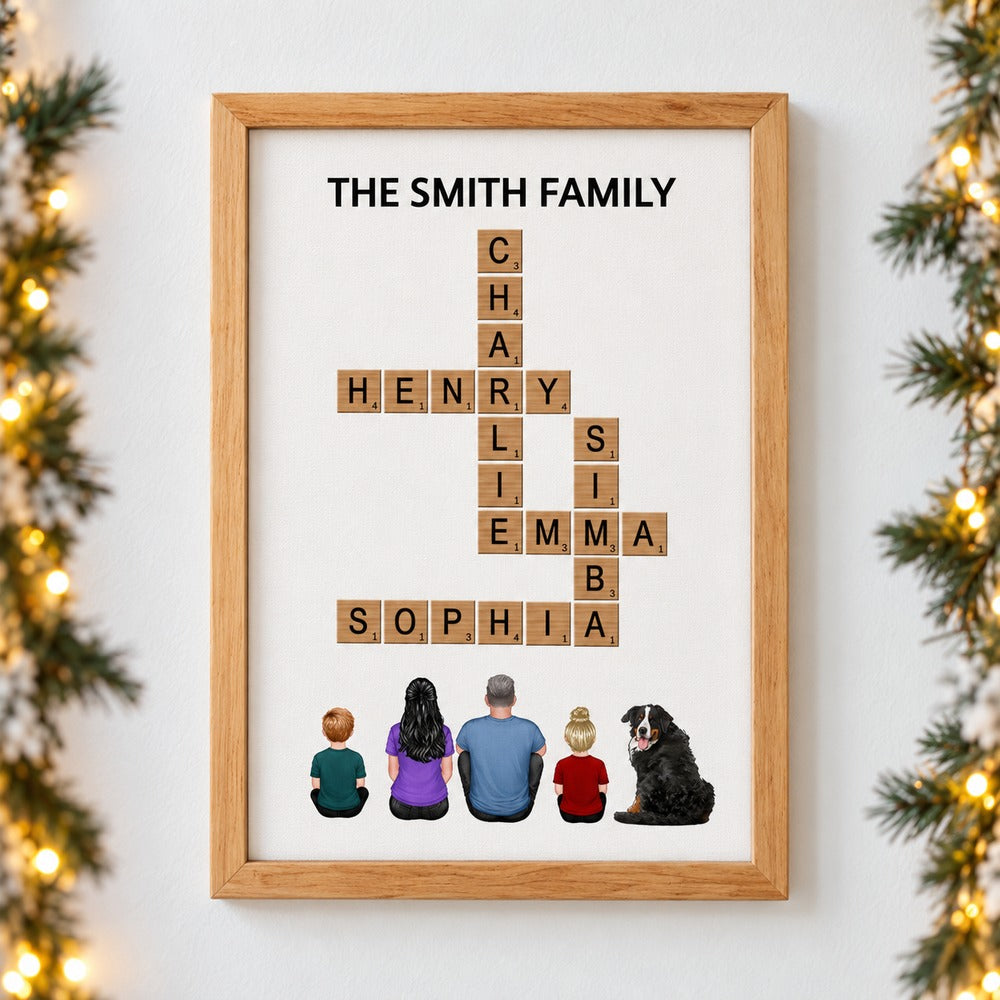 Personalized family crossword framed canvas print hanging on wall with holiday garland