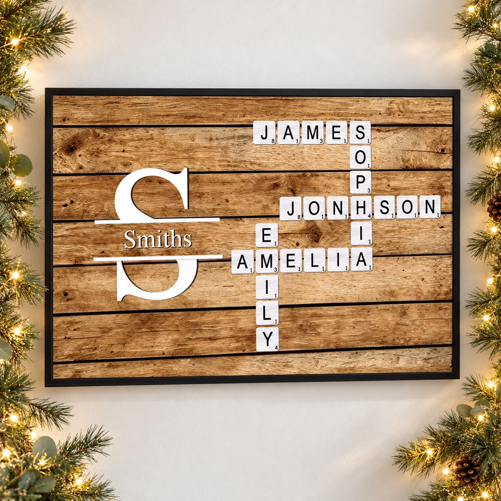 Family Name Crossword Personalized Canvas Print on a holiday wall with pine garland