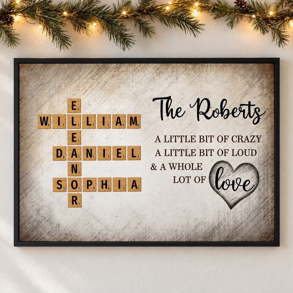 Personalized family crossword canvas wall art The Roberts hanging on wall with holiday garland