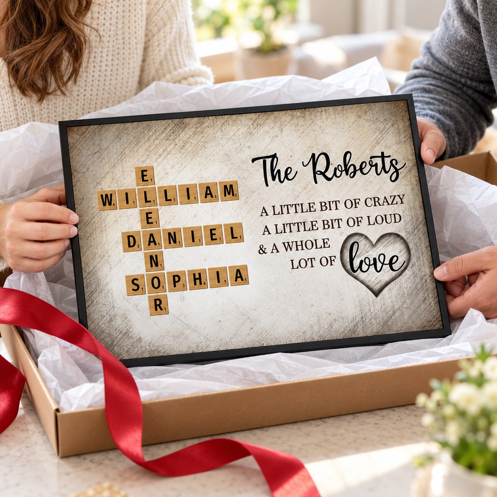 Unwrapping personalized family crossword puzzle canvas art from holiday gift box