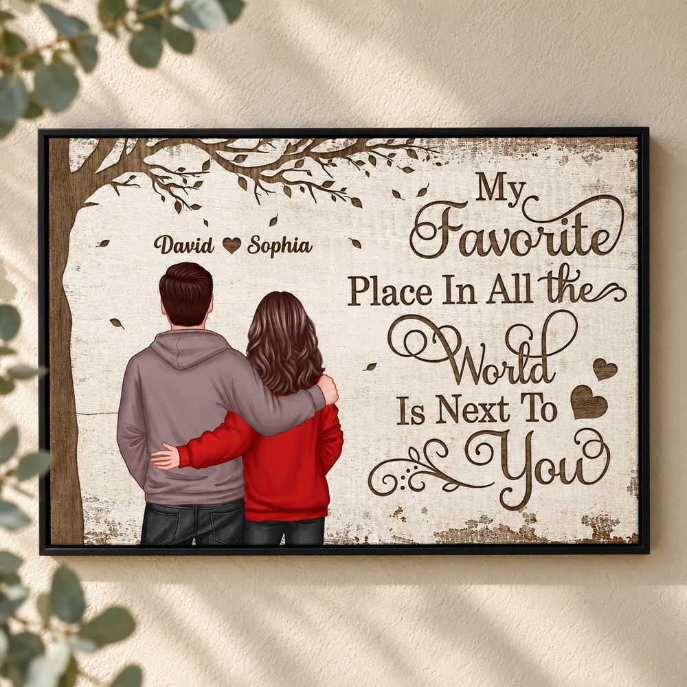 Favorite Place In The World personalized couple canvas displayed on a neutral wall