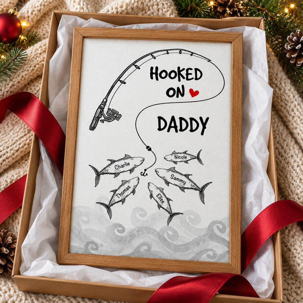 Hooked On Daddy personalized framed canvas print presented with gift box and red ribbon