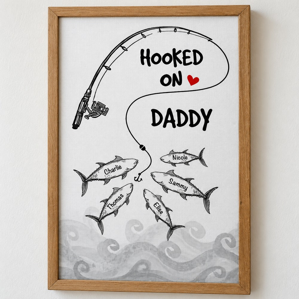 Close-up detail of personalized fish names and canvas texture on Hooked On Daddy print