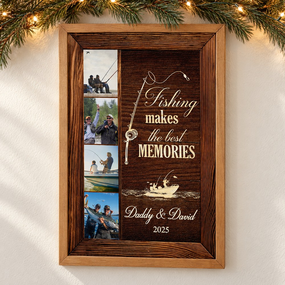 Personalized fishing canvas print hanging on wall with holiday pine garland and fairy lights