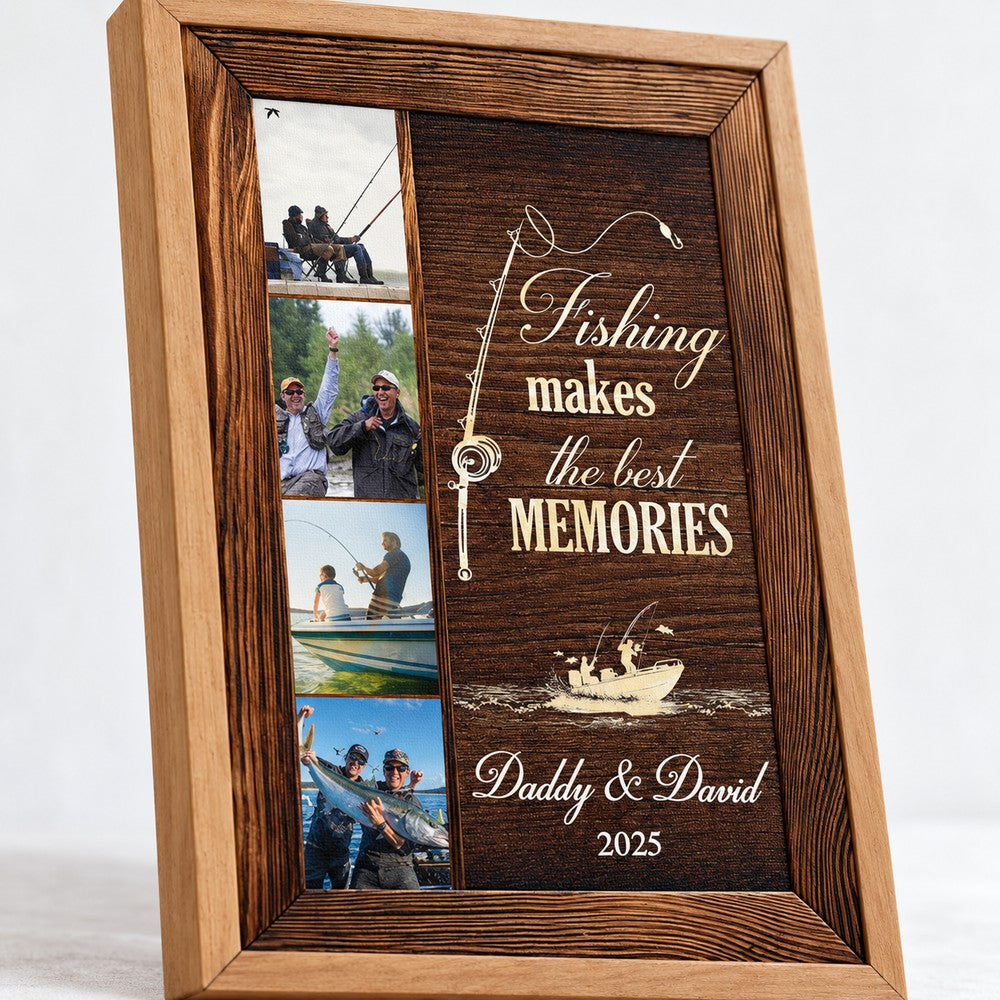 Close up detail of canvas texture and wood frame on custom fishing photo print