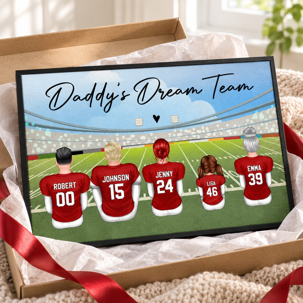 Personalized Football Dad Grandpa canvas print next to holiday gift box and ribbon