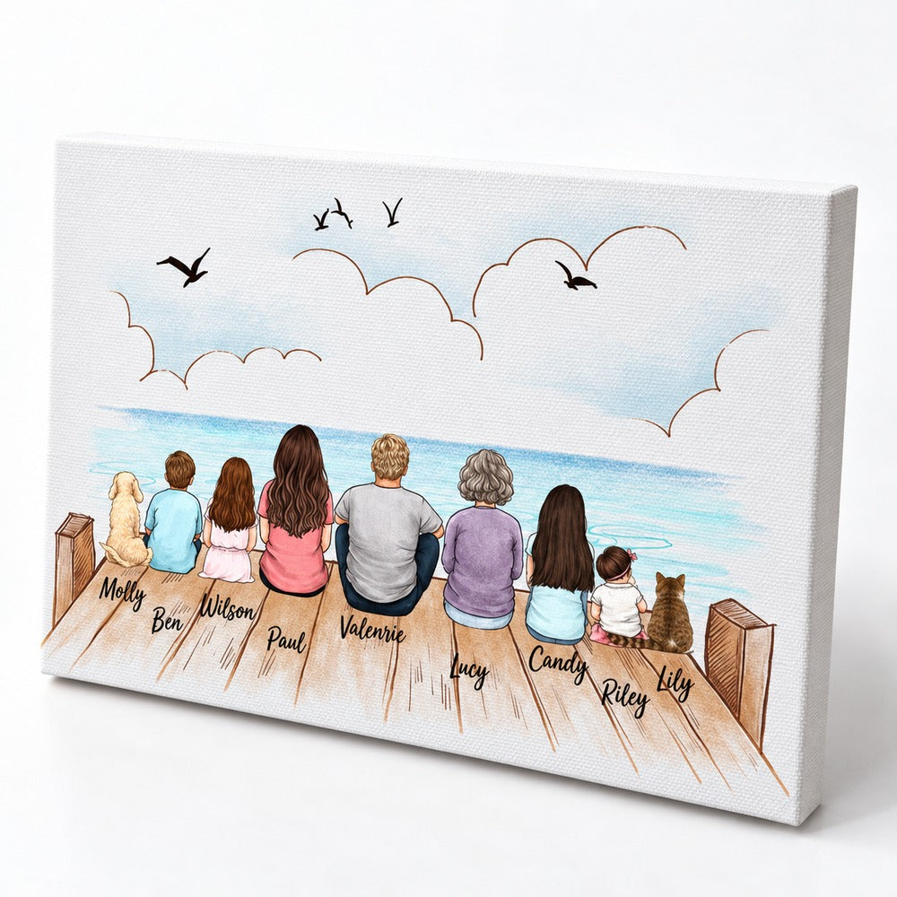 Close-up detail of textured canvas weave and custom family names on wooden bridge illustration
