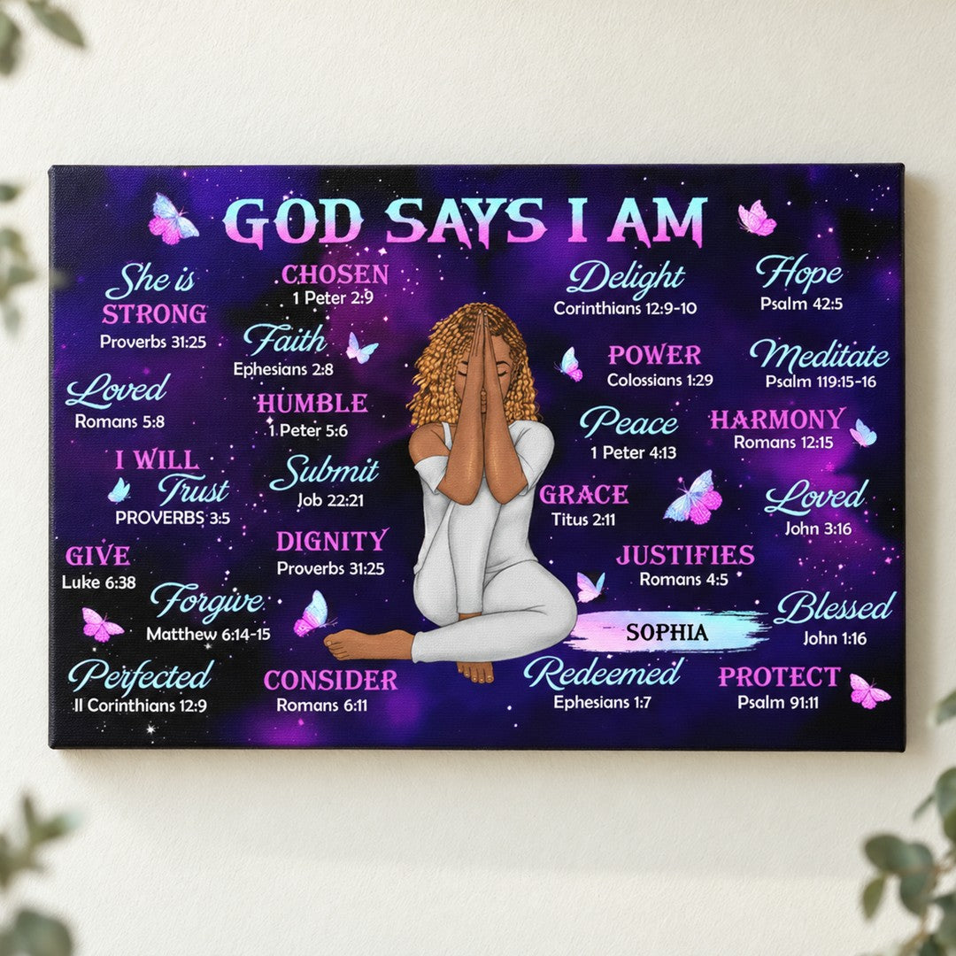 Personalized God Says I Am scripture canvas print displayed on a bright cream wall