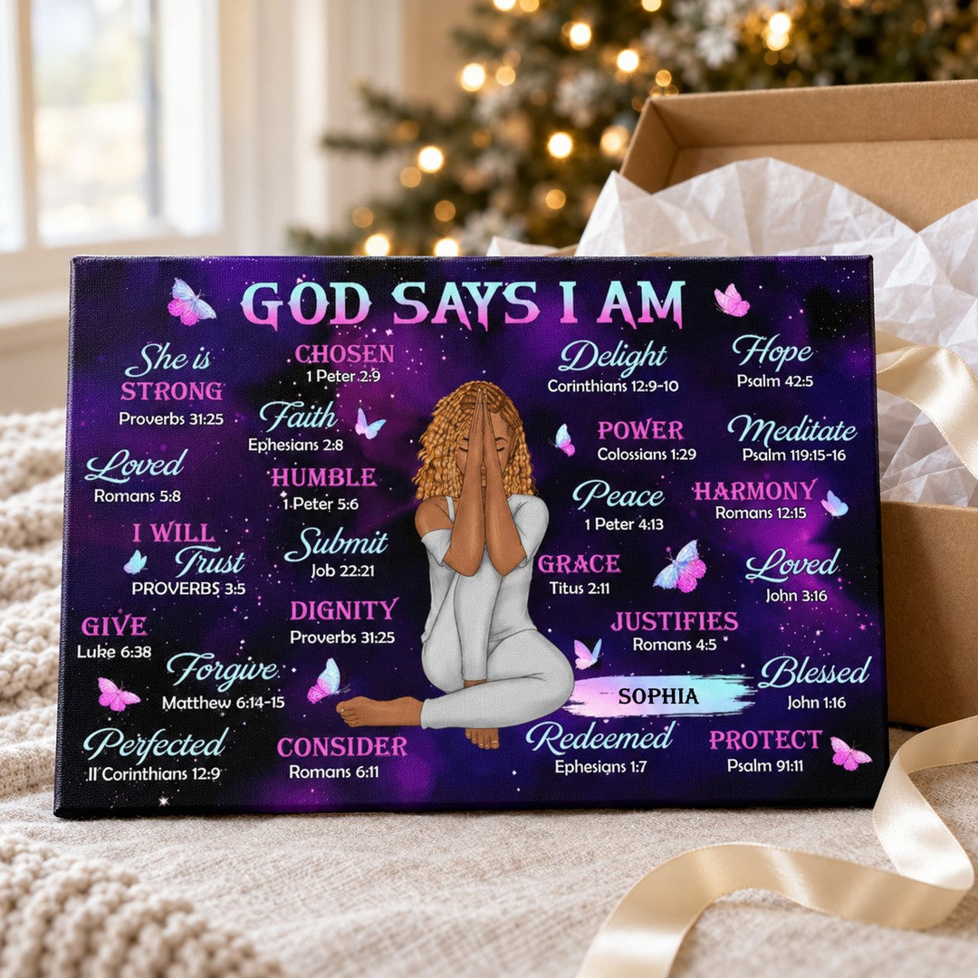 Custom God Says I Am Christian canvas print presented with a holiday gift box and ribbon
