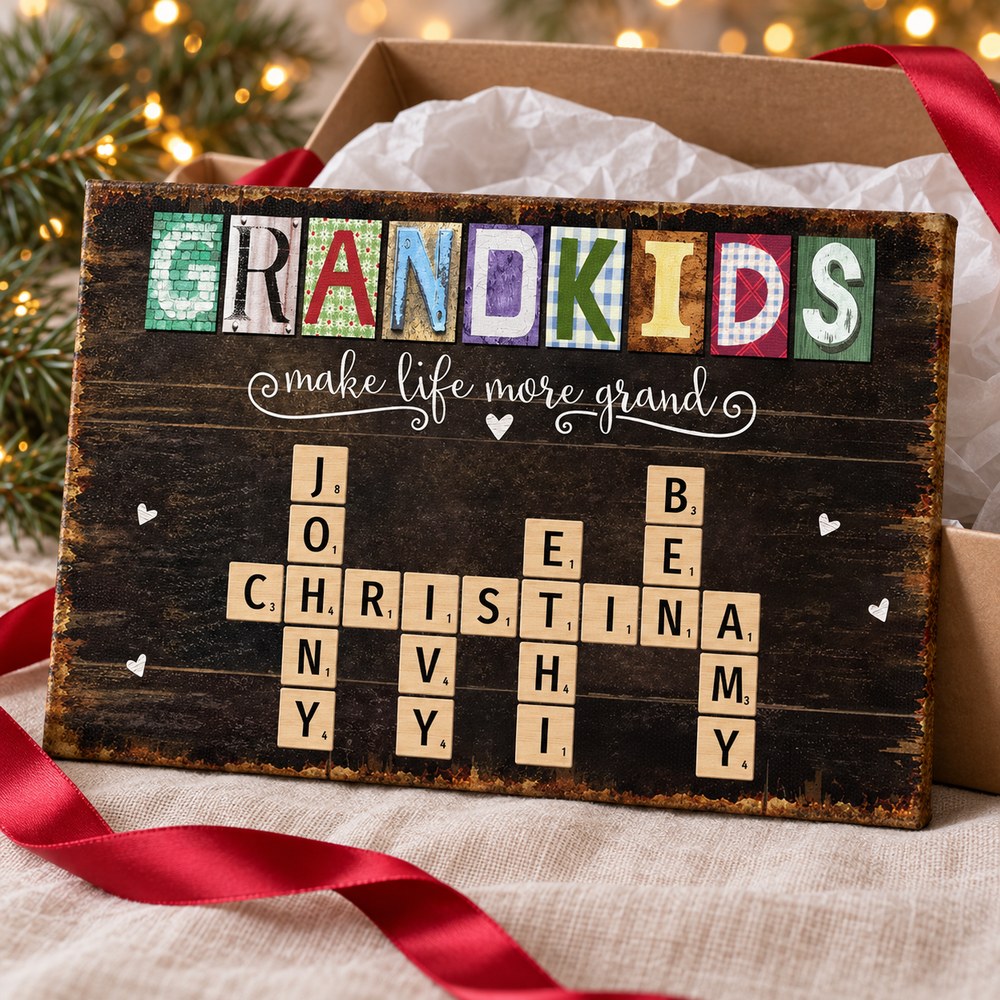Personalized Grandkids crossword canvas presented with a holiday gift box and red ribbon