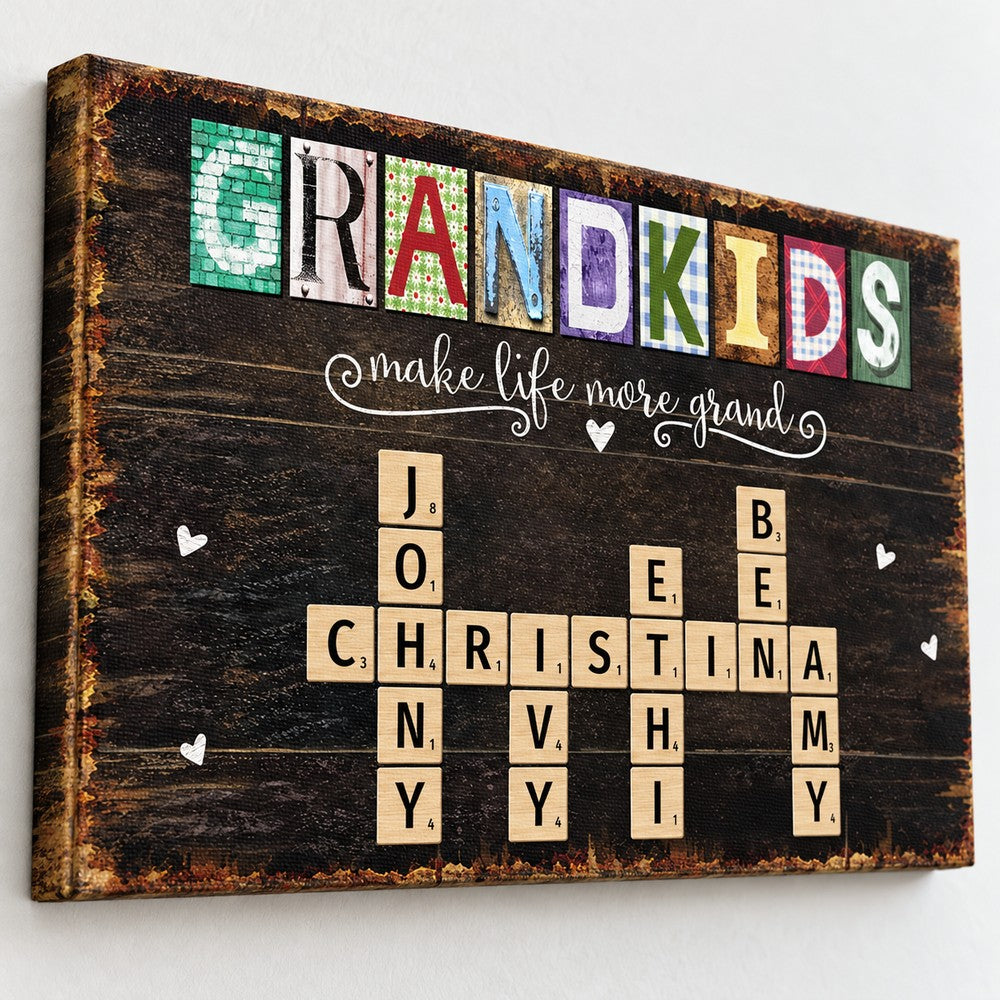 Close-up detail of canvas texture and printed scrabble tiles on Grandkids crossword wall art