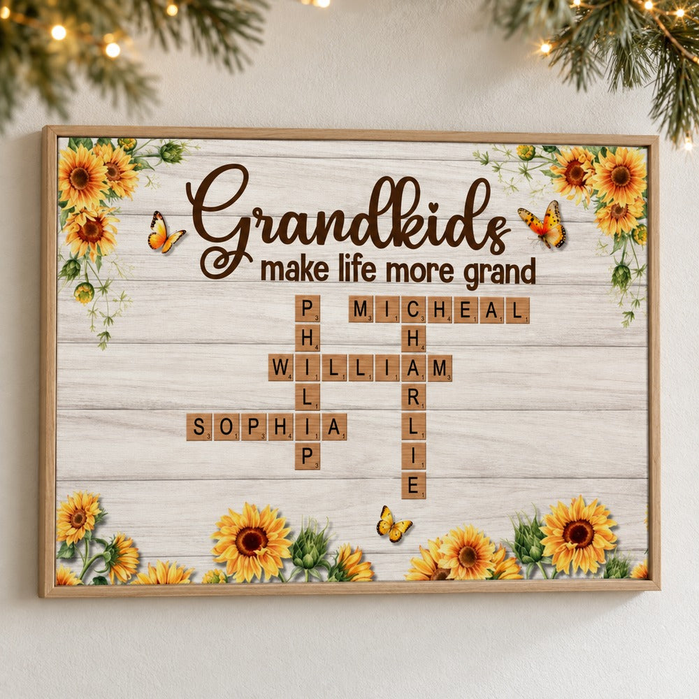 Personalized grandma crossword sunflower canvas on a wall with soft holiday pine garland and lights