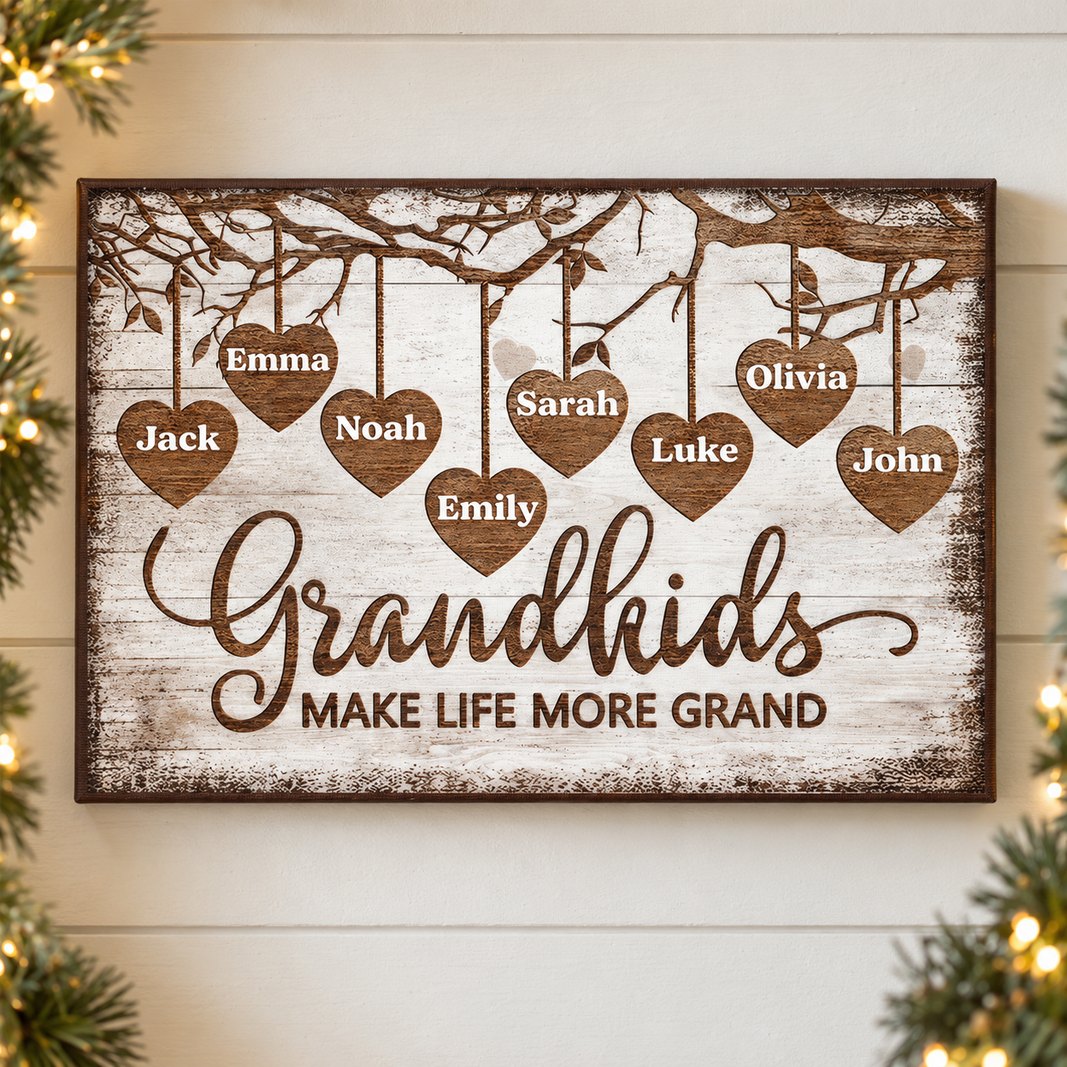 Grandkids Make Life More Grand canvas wall art hanging with holiday pine garland