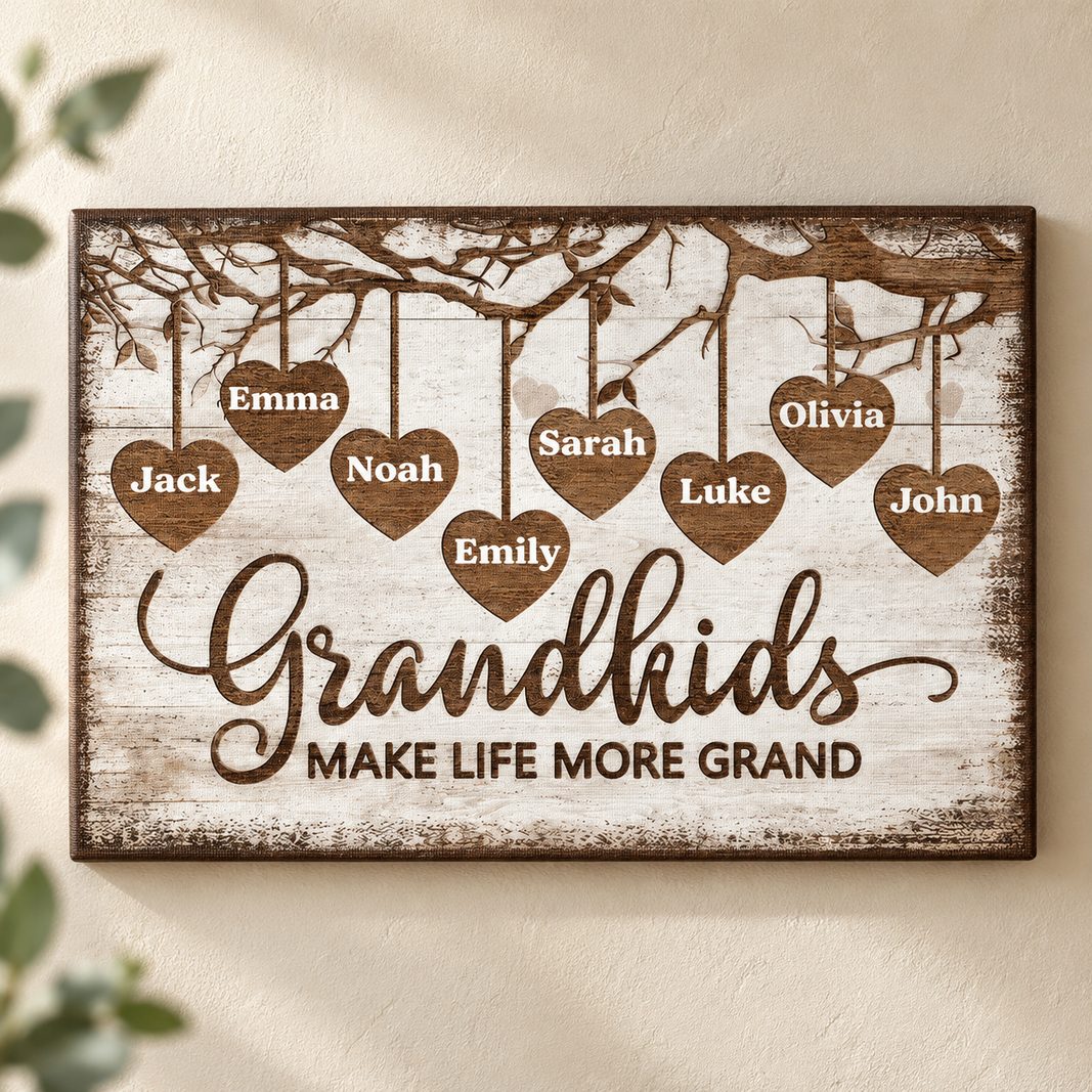 Personalized grandkids heart tree canvas displayed on a beige wall