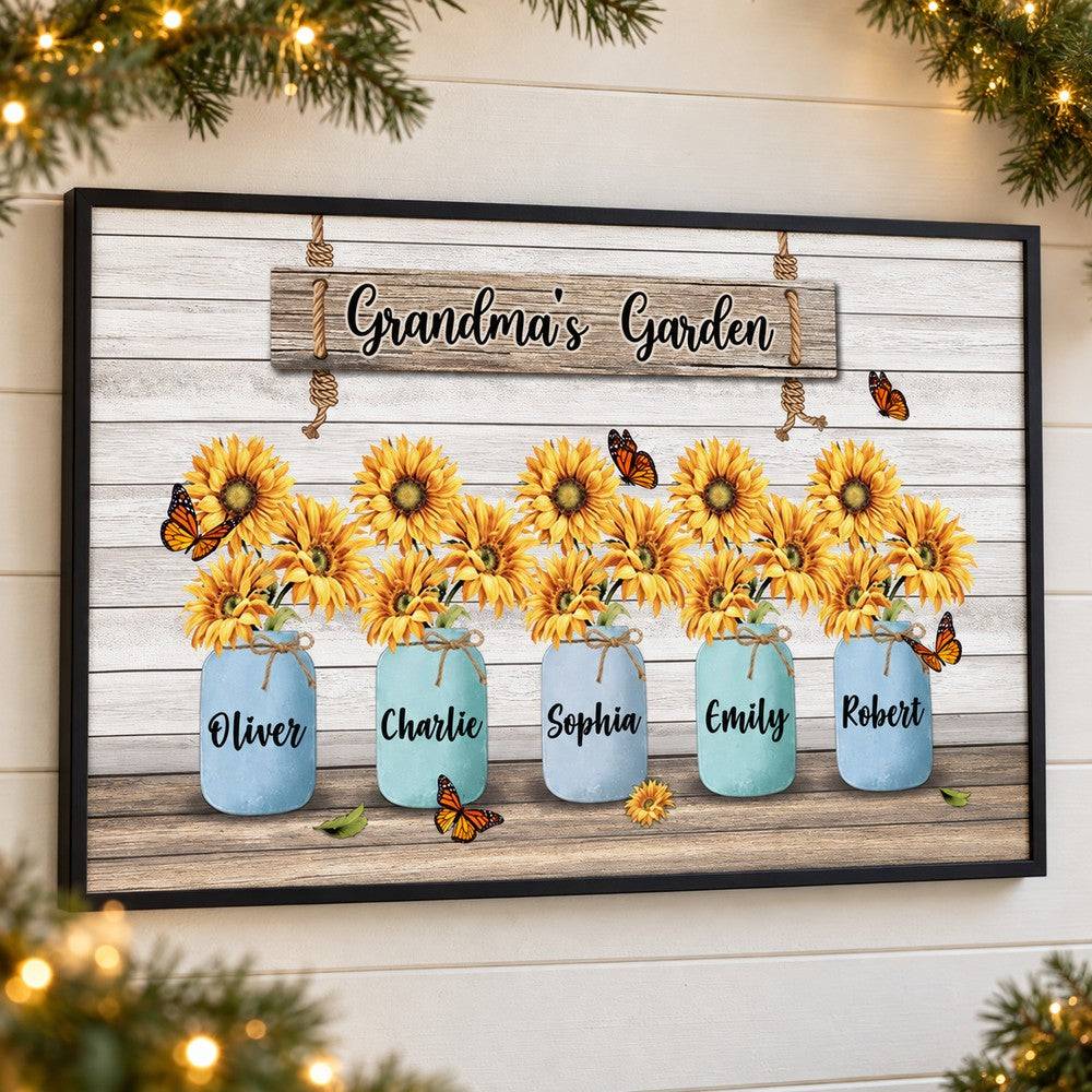 Grandmas Garden personalized sunflower canvas wall art hanging with holiday garland