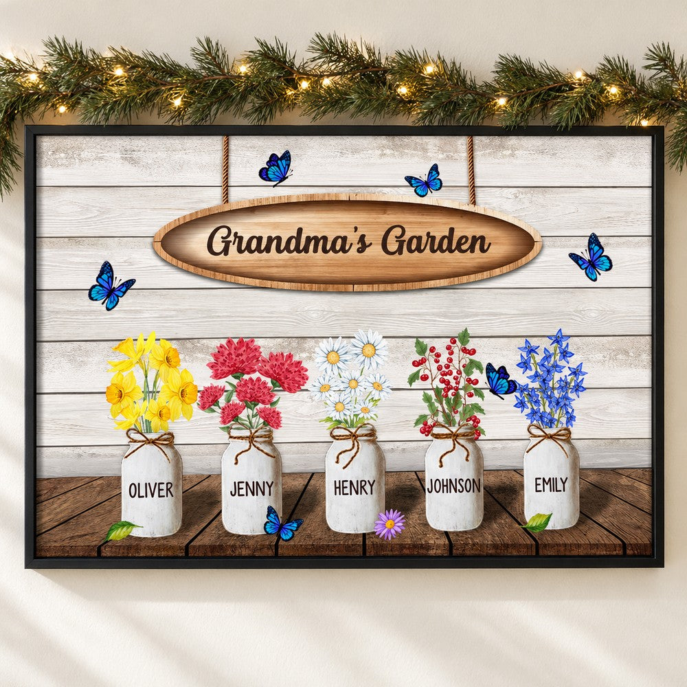 Grandmas Garden personalized birth month flowers canvas on wall with holiday garland