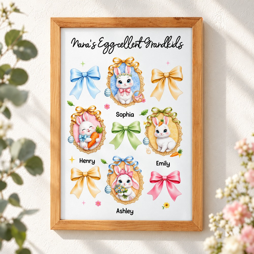 Personalized Nana's Egg-cellent Grandkids framed canvas print hanging on a bright wall with soft spring greenery