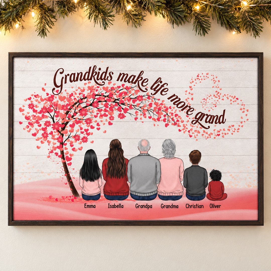 Personalized grandparents and grandkids heart tree canvas print hanging on a holiday wall with pine garland