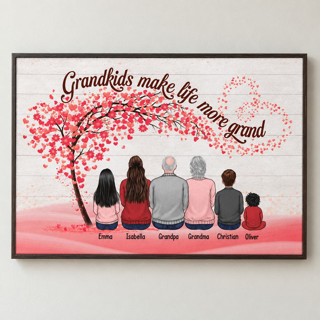 Close-up detail of the woven canvas texture and pink heart tree print with family names