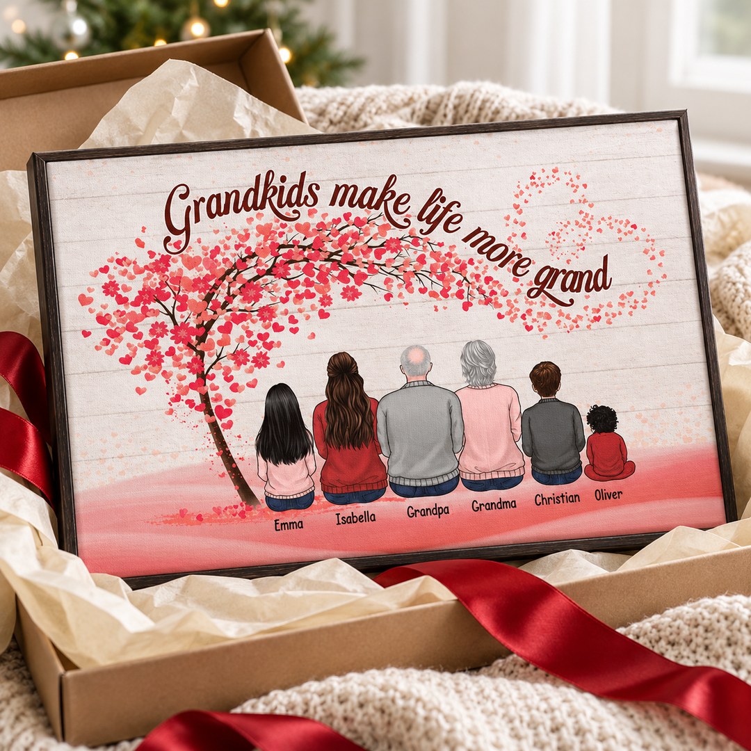 Personalized grandparents canvas print next to a ribboned holiday gift box and tissue paper