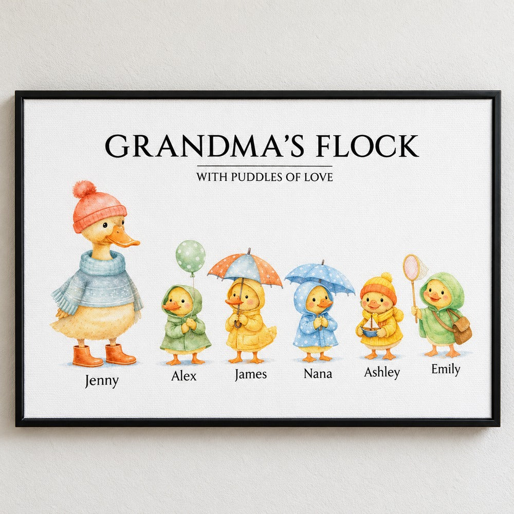 Close up detail of Grandmas Flock canvas print texture and watercolor ducklings