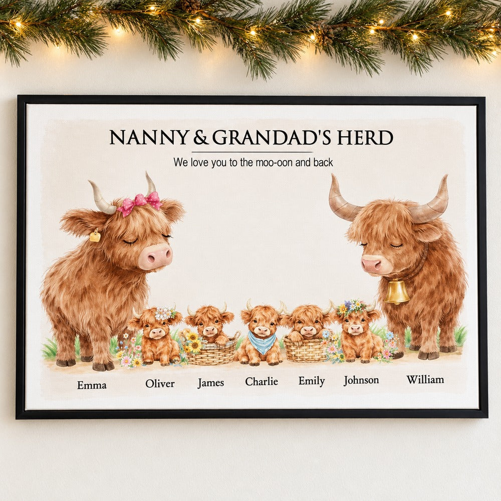 Grandparents Herd Highland Cow personalized framed canvas print hanging on wall with holiday garland