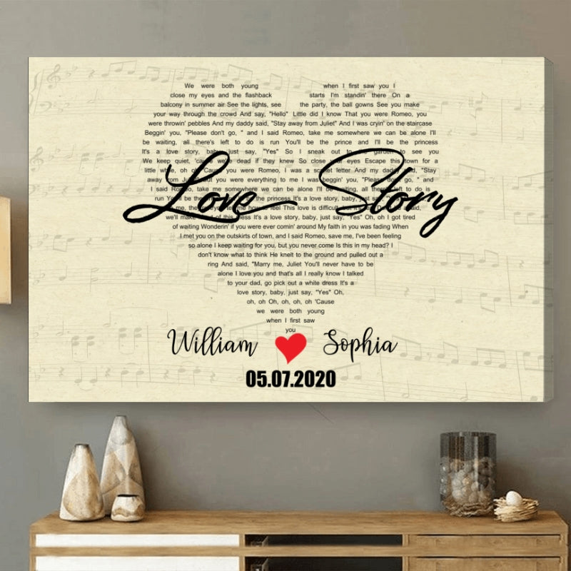 Custom Heart Shaped Song Lyrics - Personalized Canvas Print - Gift For Her/Him, Husband/Wife, Couples on Anniversary, Valentine's Day