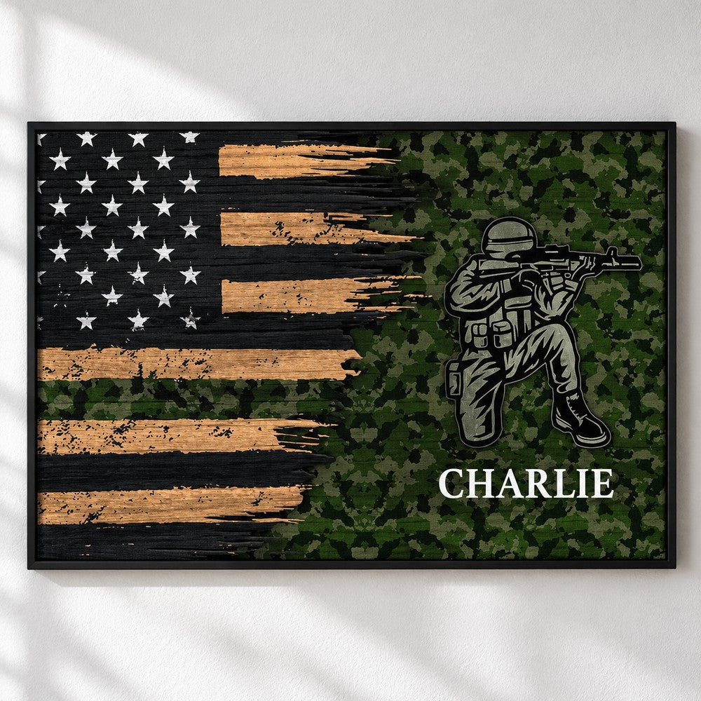 Close up detail of personalized military veteran canvas print texture and CHARLIE lettering