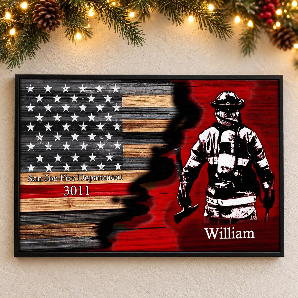 Personalized firefighter thin red line canvas wall art hanging on a wall with pine garland and fairy lights