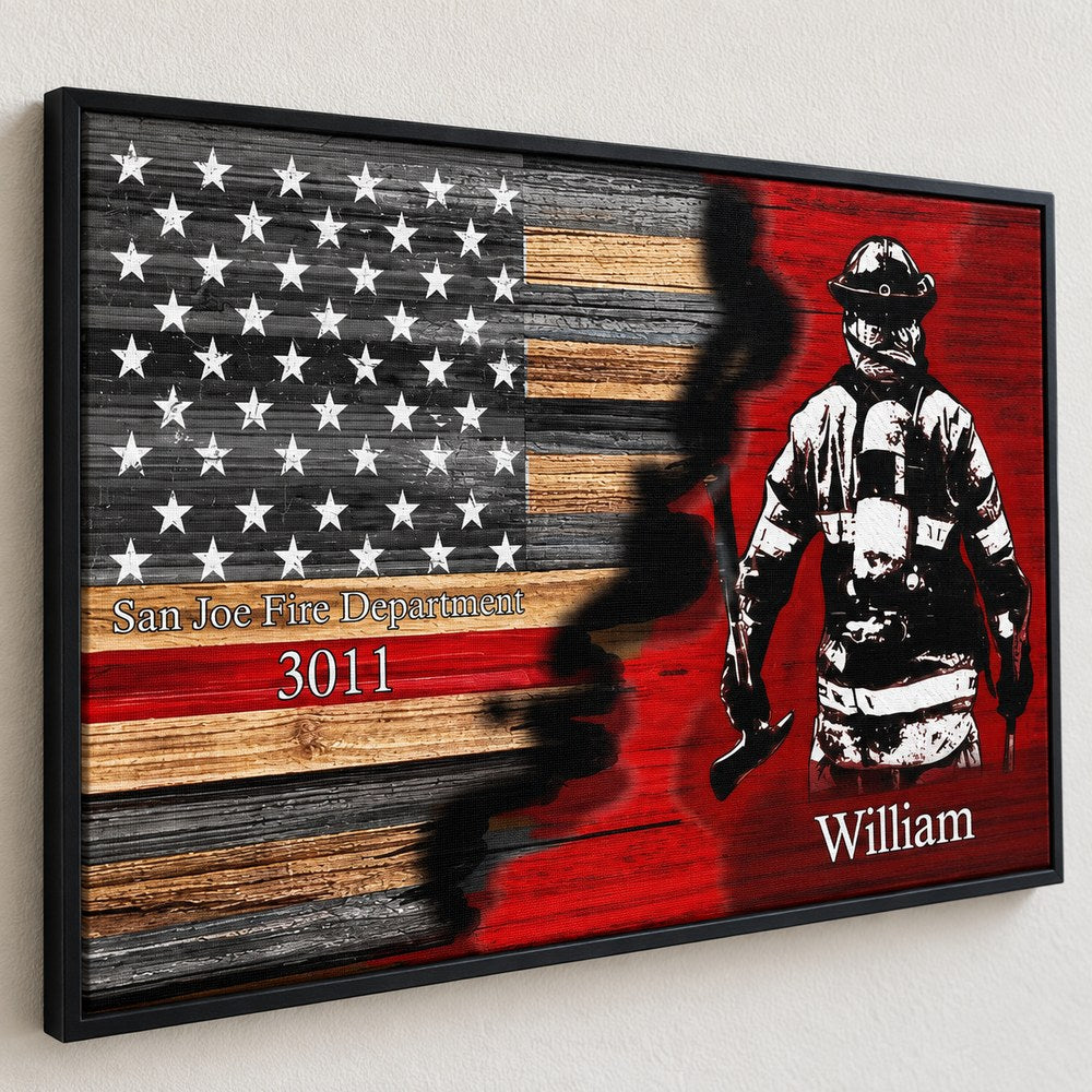 Close-up detail of personalized firefighter canvas print showing woven texture and crisp lettering
