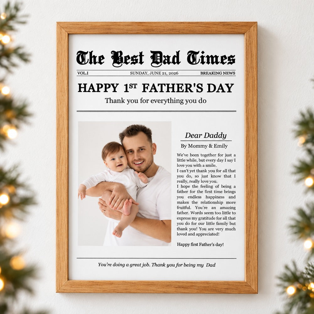 Personalized 1st Fathers Day newspaper canvas print on wall with holiday greenery