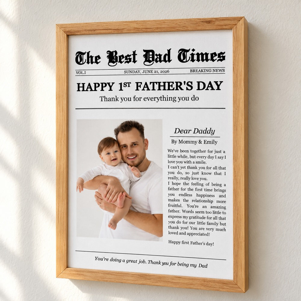Close-up detail of wood frame and canvas texture on personalized Fathers Day print