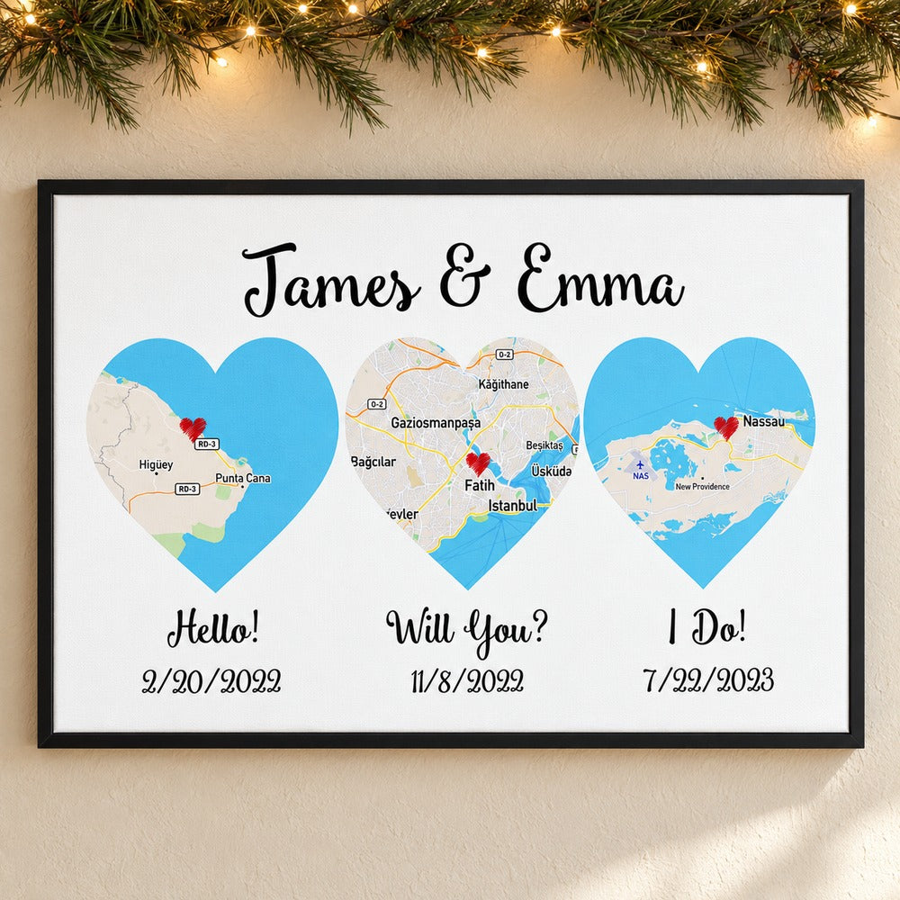 James and Emma custom three heart map framed canvas wall art on a wall with holiday pine garland