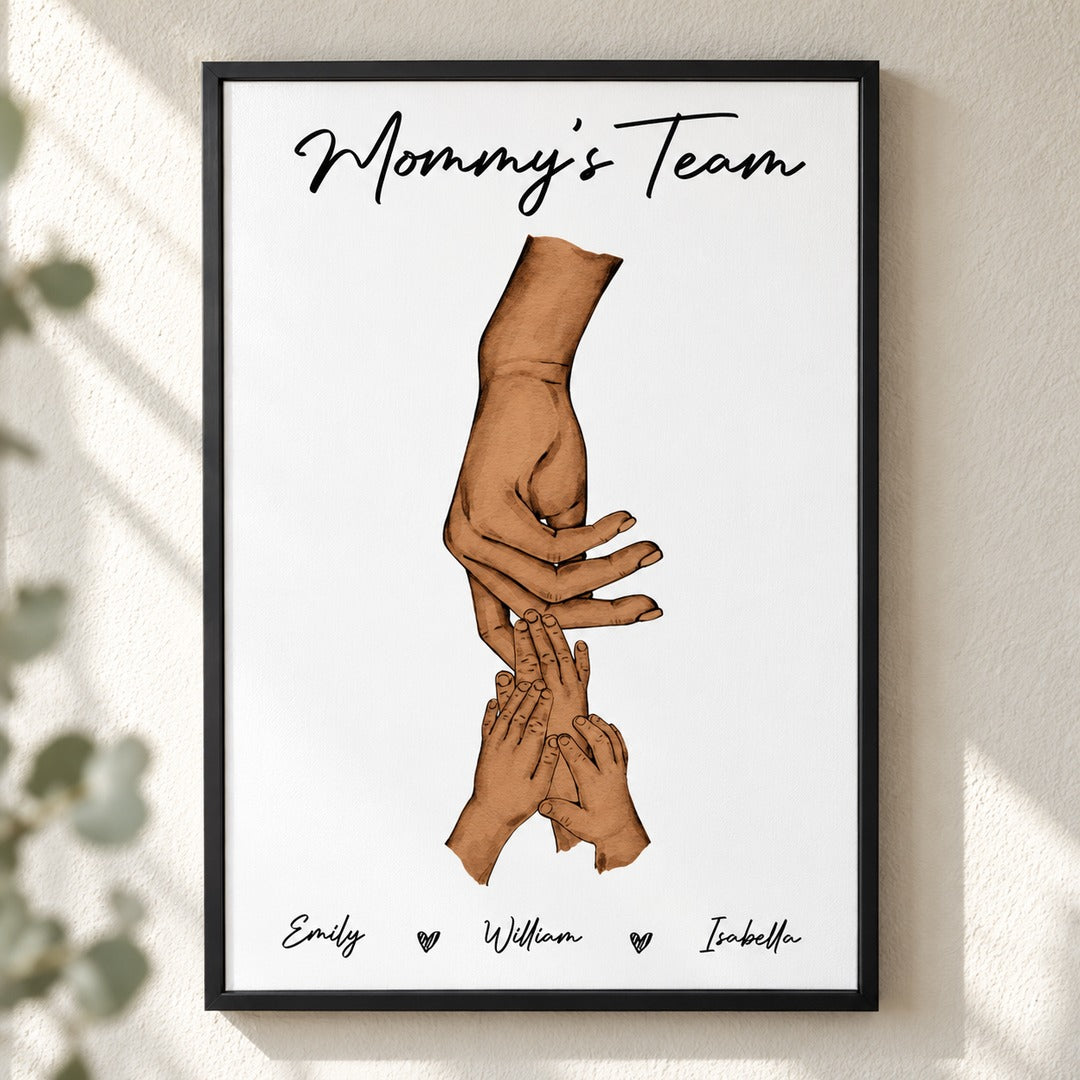 Custom Mom Holding Kids Hands canvas wall art displayed on a bright entryway wall