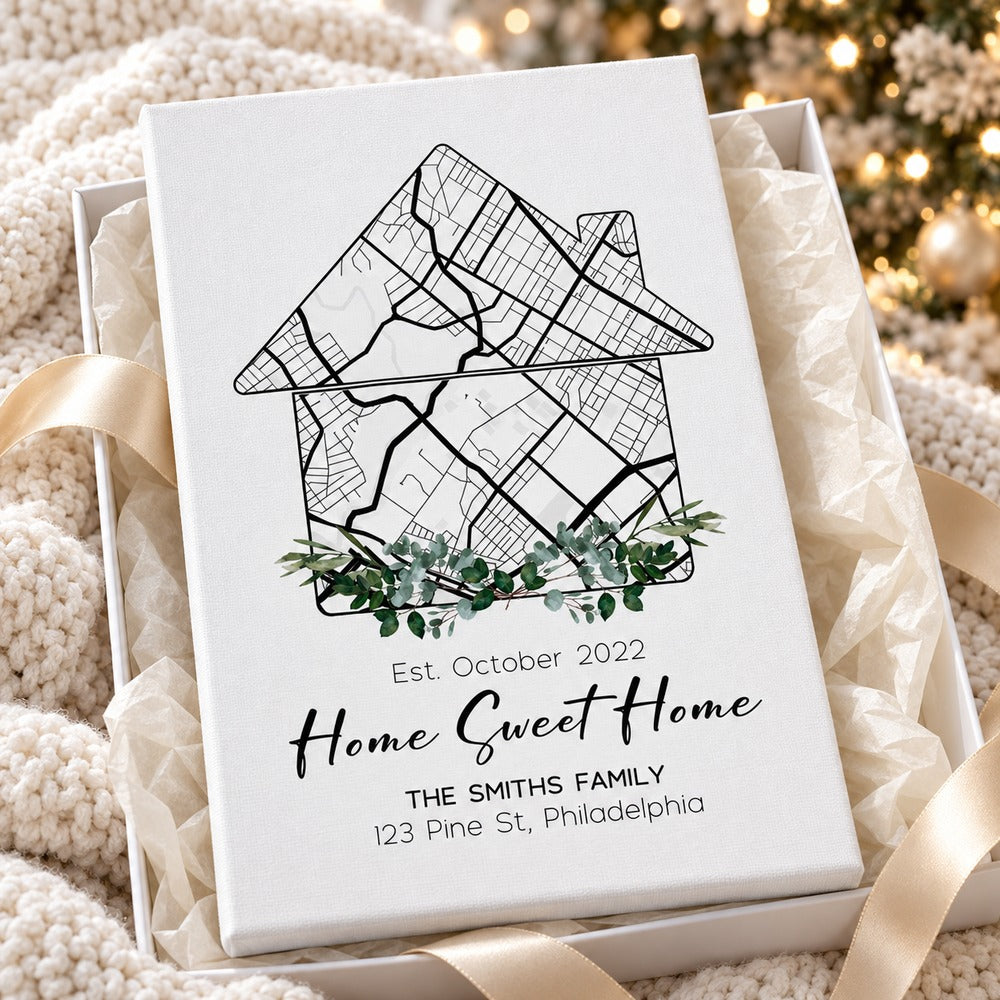 Personalized first home map canvas print presented in a holiday gift box with ribbon
