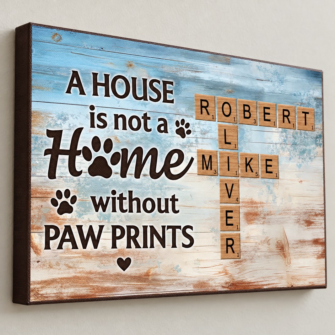 Close up detail of canvas texture and printed scrabble tiles on pet wall art