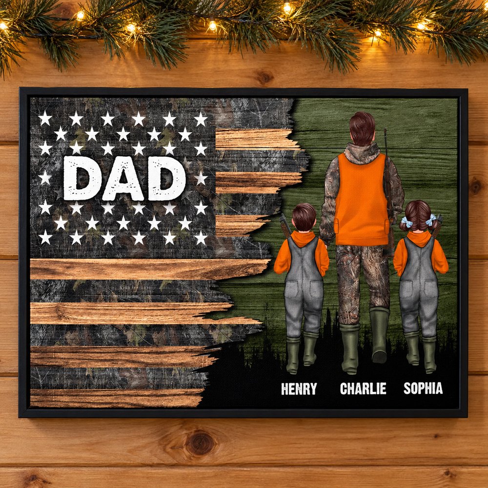 Personalized hunting dad canvas wall art hanging on a rustic wall with holiday pine garland