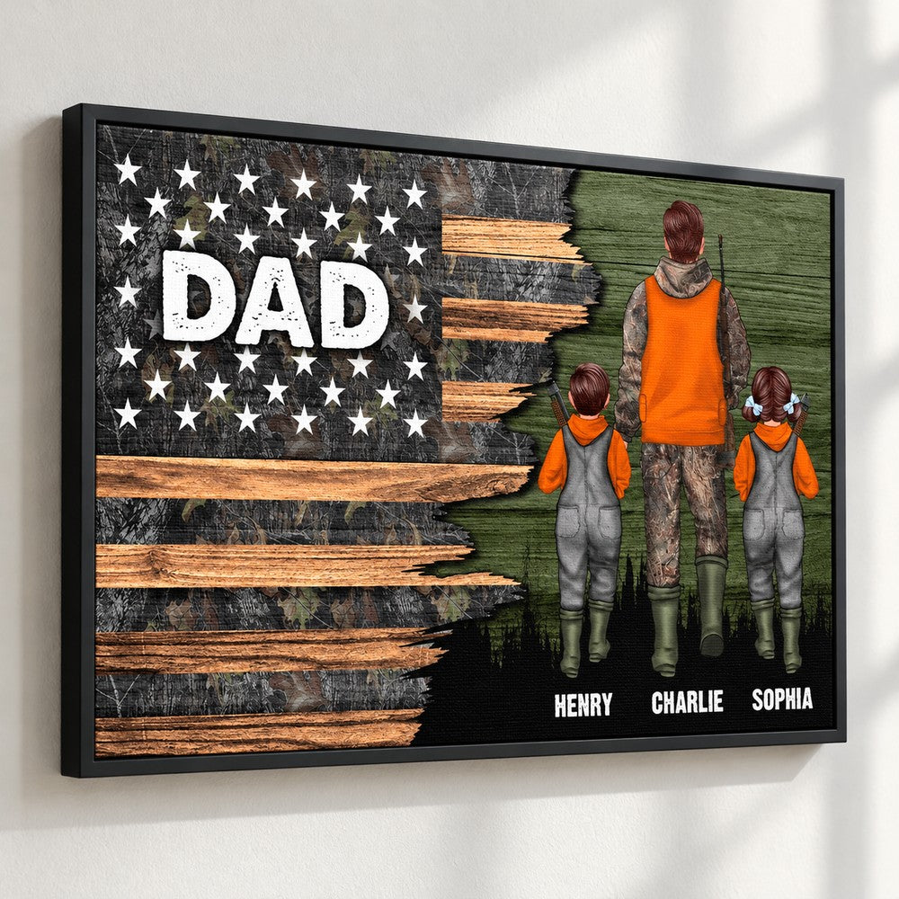 Close-up detail of personalized hunting dad canvas print texture and black frame edge