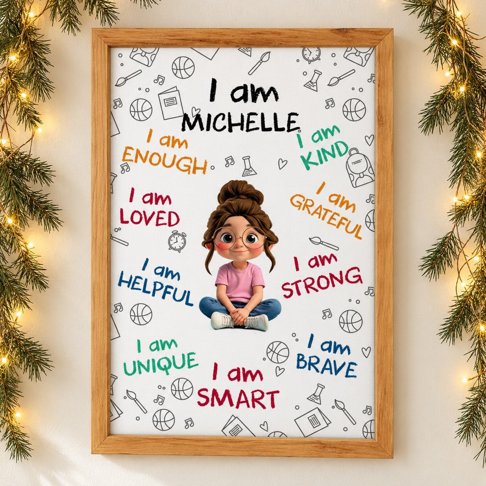 Personalized I Am Michelle affirmation framed canvas print on wall with holiday garland
