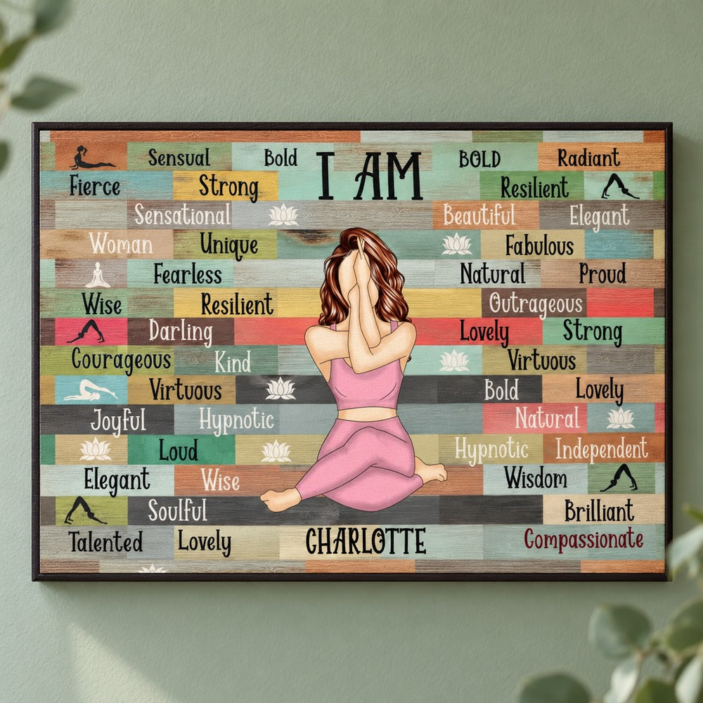 Custom Charlotte I Am affirmation yoga canvas displayed on a serene green wall with eucalyptus