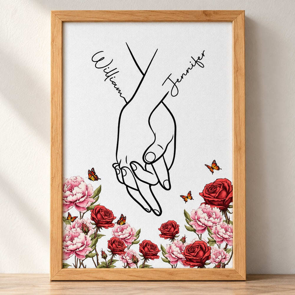 Close-up detail of canvas texture and floral print on couple hand print framed canvas